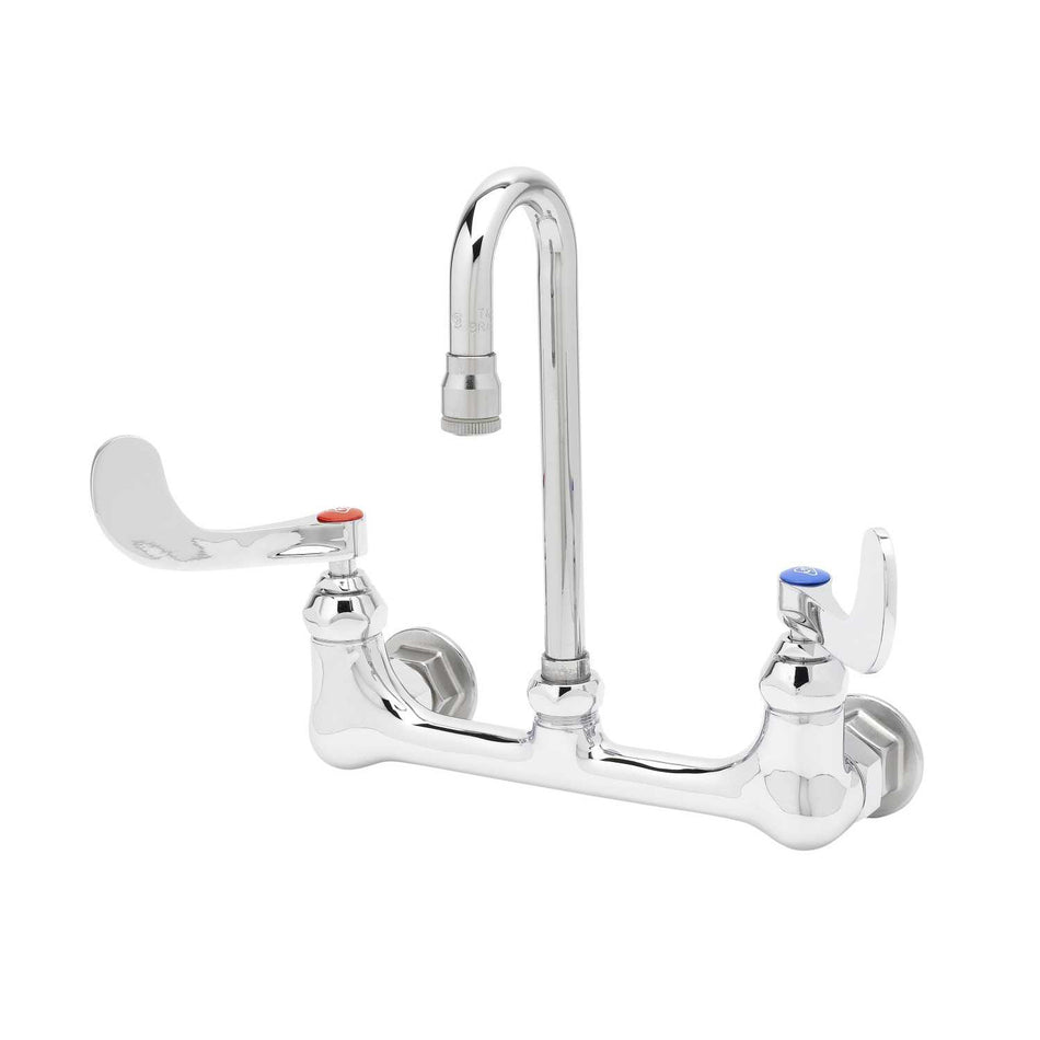 Double Pantry Faucet, Wall Mount, 8" Centers, Swivel Gooseneck, 4" Wrist-Action Handles