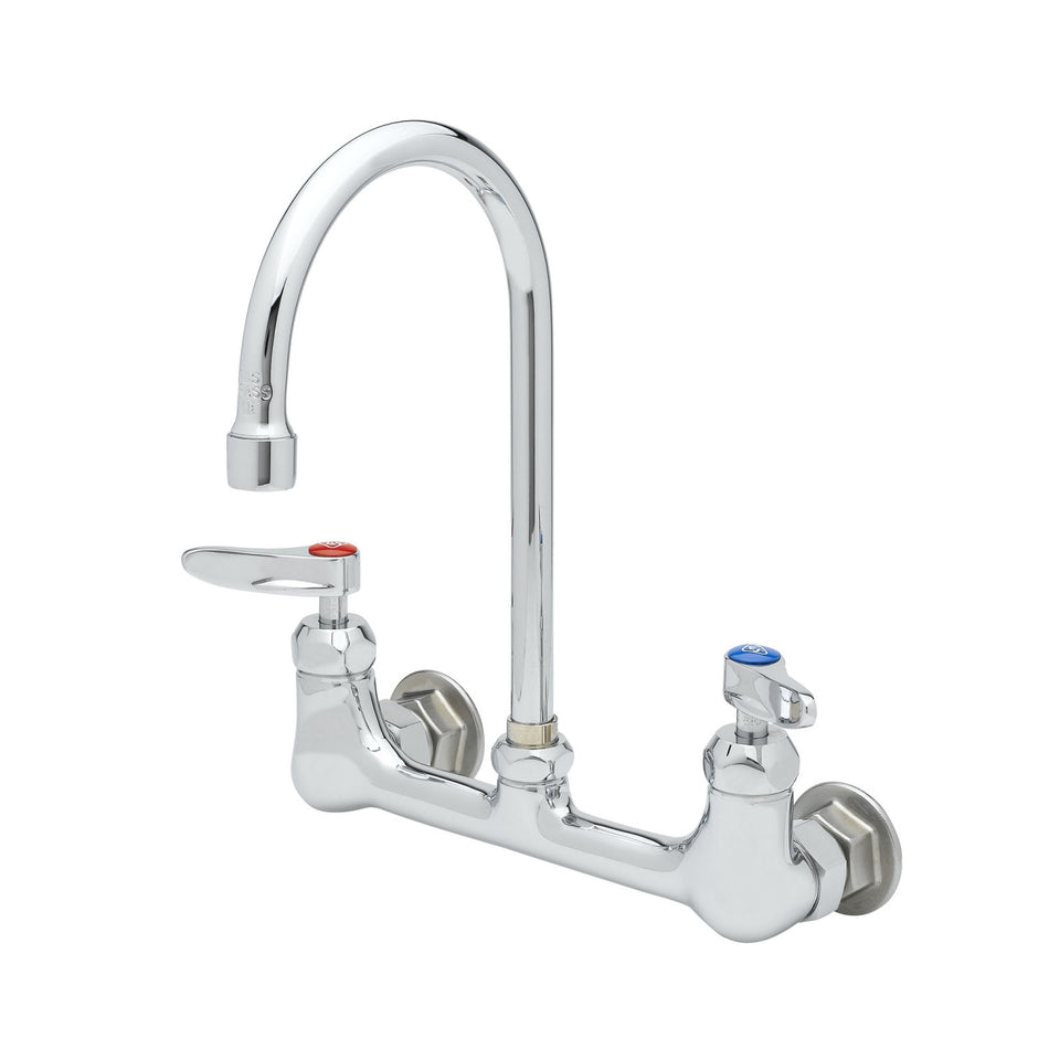 Faucet, 8" Wall Mount, Ceramas, Swivel Gooseneck, Lever Handles, 1/2" NPT Inlets