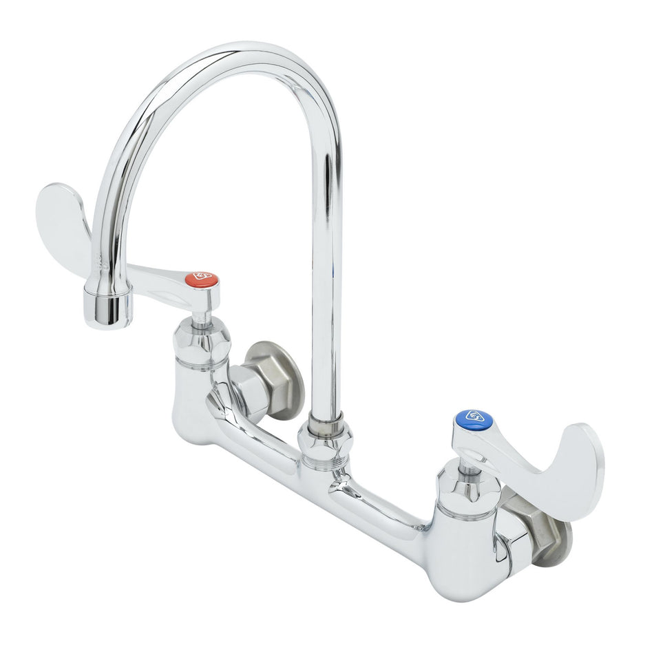 8" Wall Mount Faucet, Ceramas, 4" Handles, Swivel Gooseneck, 2.2 GPM Laminar Outlet Device