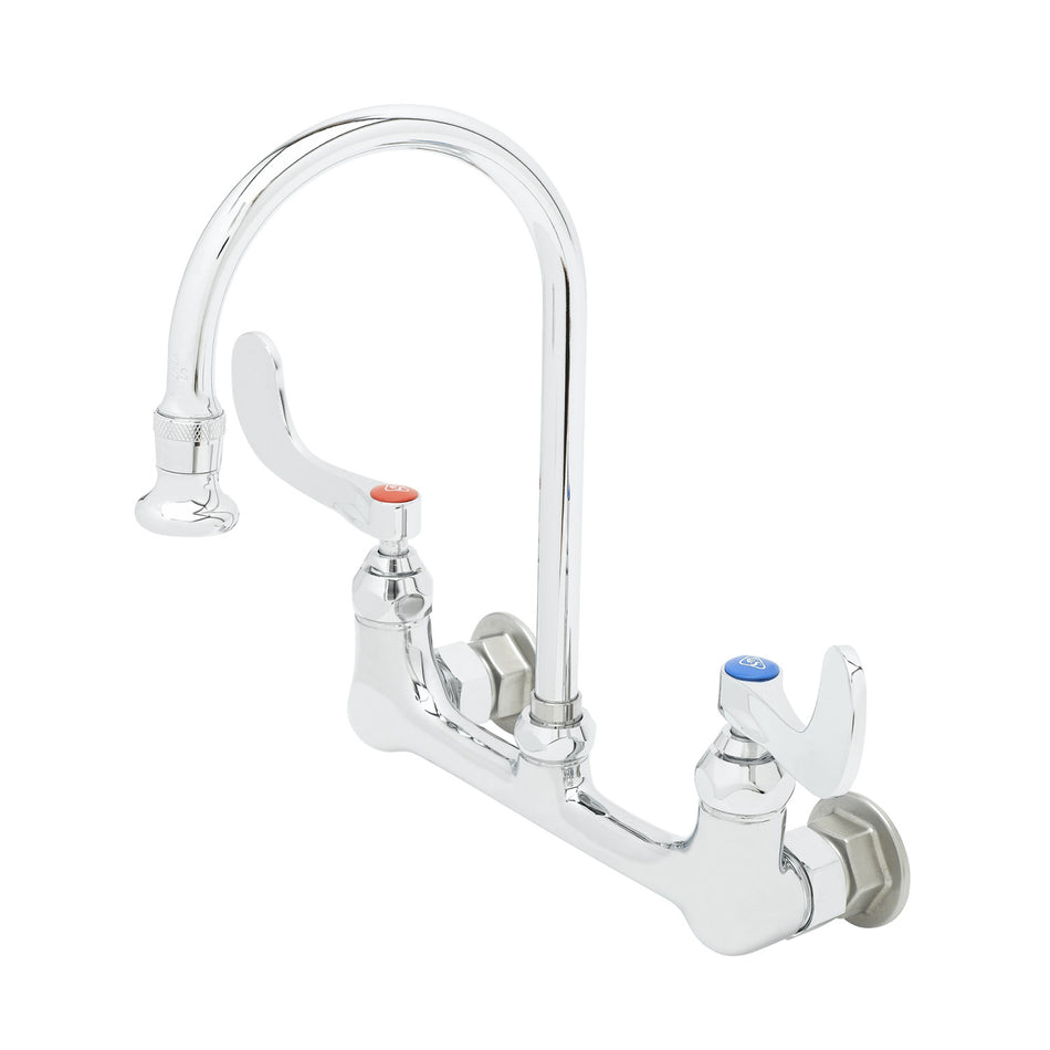 Wall Mount Faucet, 8" Centers, S/R Gooseneck w/ 2.2 GPM Rosespray, 4" Wrist Handles