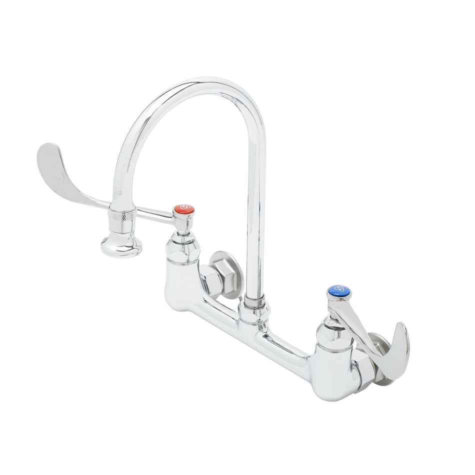 Wall Mount Faucet, 8" Centers, S/R Gooseneck,2.2 GPM Rosespray, 6" Wrist Handles