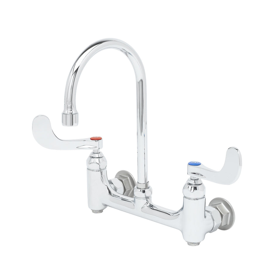 Medical Faucet,8" Wall Mount, Rigid Gooseneck, 4" Wrist Handles, Built-In Stops