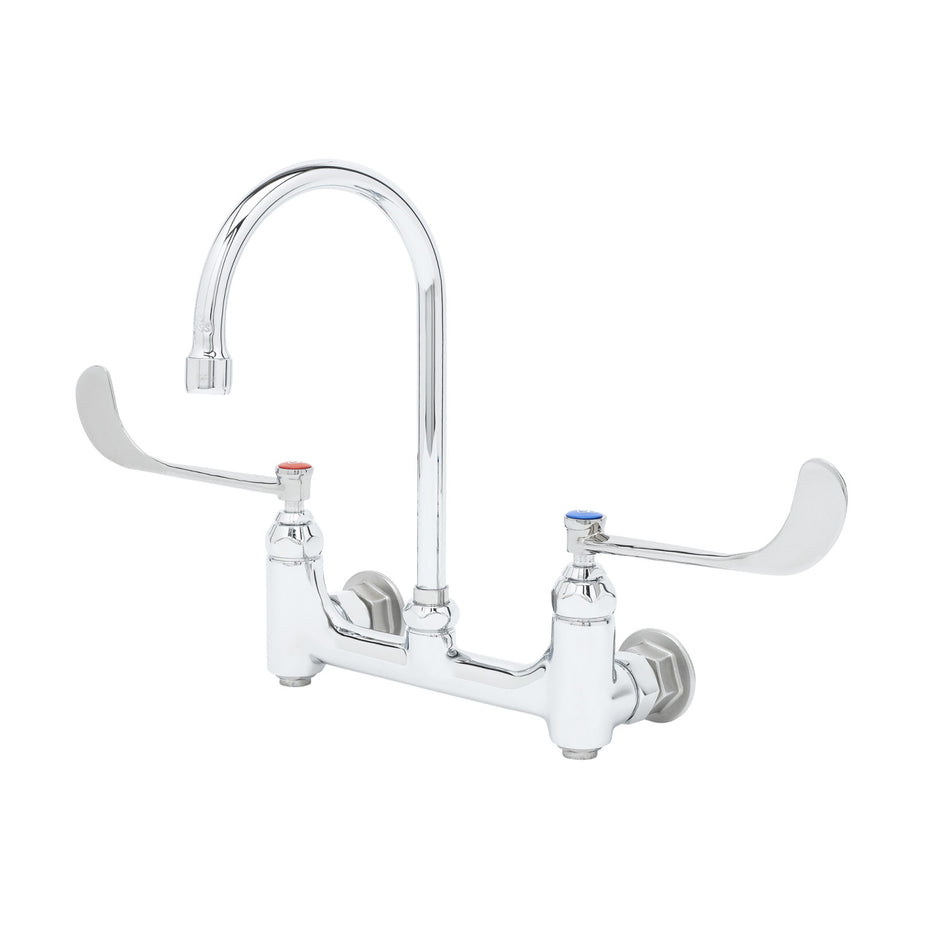 Medical Faucet,8" Wall Mount,Swive/Rigid Gooseneck, 6" Wrist Handles, Built-In Stops