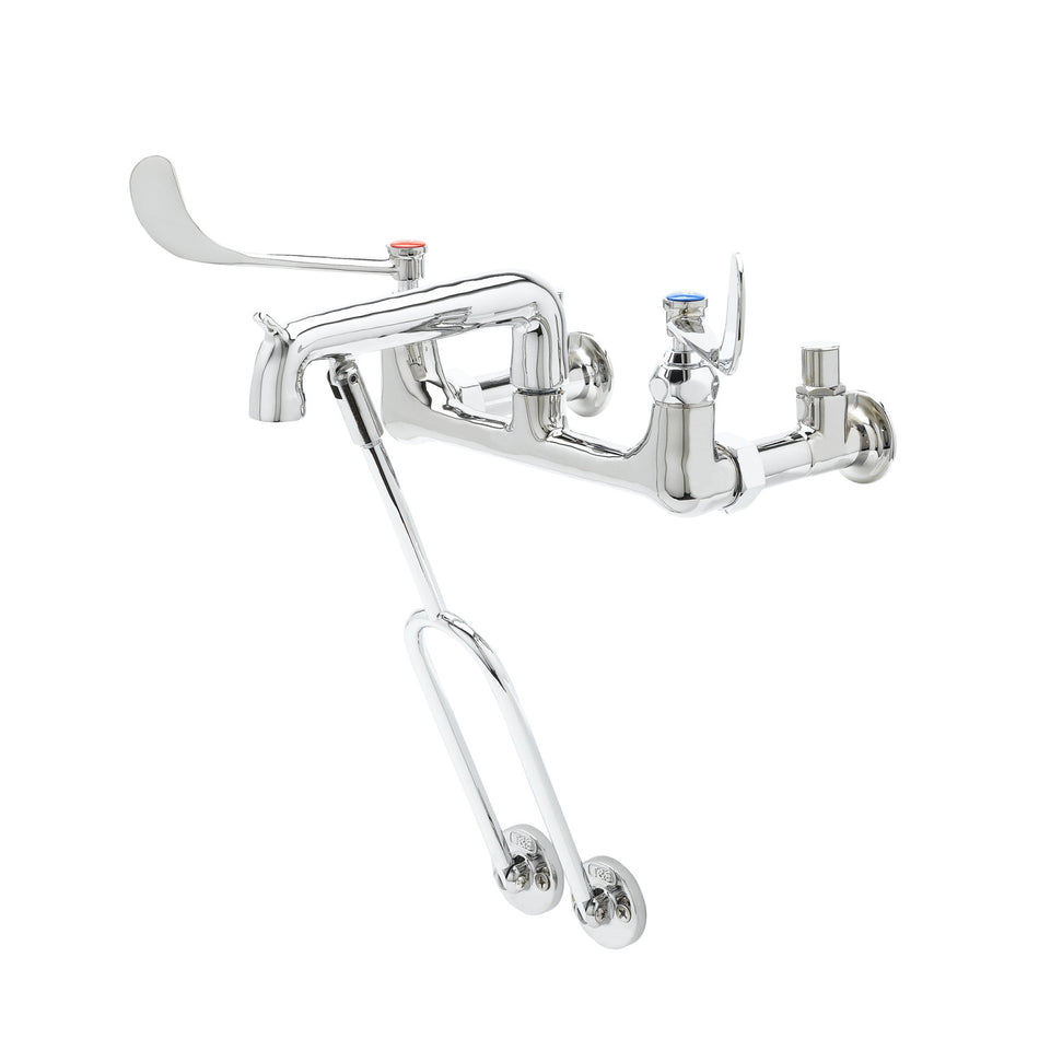 Service Sink Faucet, Wall Mount, 8" Centers, 6" Wrist Handles, Pail Hook, Integral Stops