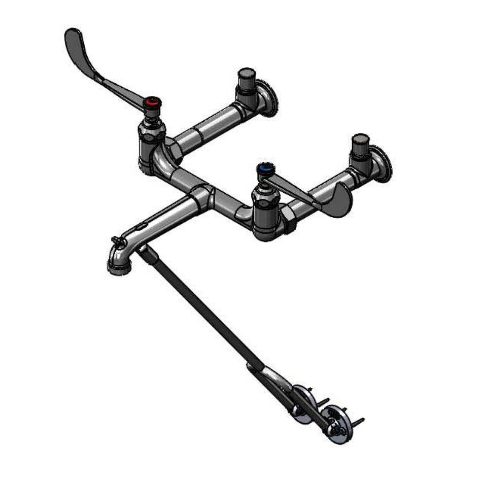 Service Sink Faucet, Wall Mount, 8" Centers, Wrist Handles, Integral Stops, Wall Brace