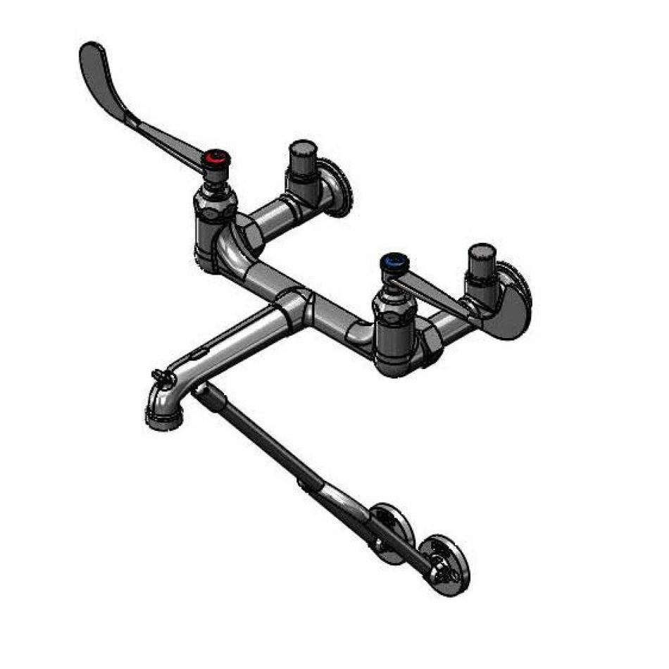 Service Sink Faucet, Wall Mount, 8" Centers, Wrist Handles, Integral Stops, Wall Brace