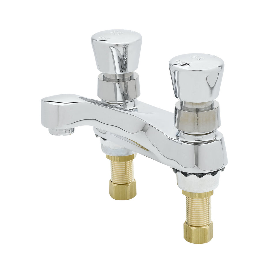 Metering Faucet, Deck Mount, 4" Centers, 0.5 GPM Spray Device, Push Button Handles