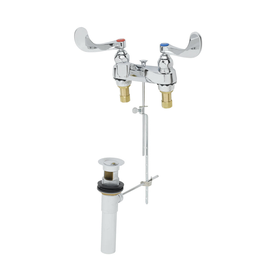 Lavatory Faucet, 4" Deck Mount, 1.2 GPM Aerator, 4" Wrist-Action Handles, Pop-Up Drain