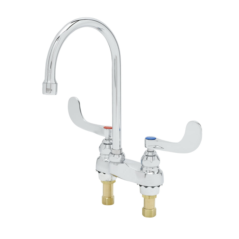 Medical Faucet, Deck Mount, 4" Centerset, Swivel Gooseneck with Stream Regulator Outlet, 4" Wrist Action Handles