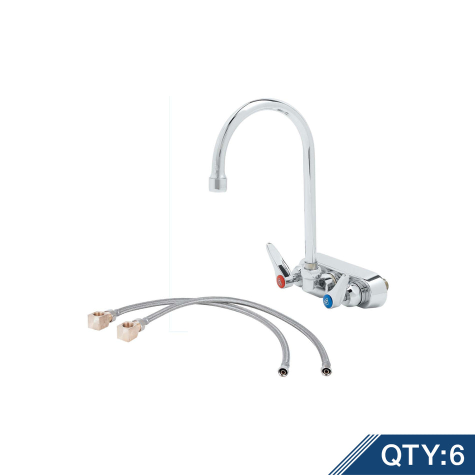 Master Pack (6) B-1146-CR-KIT, Workboard Faucet, 4" Wall Mount, Ceramas, Swivel Gooseneck, 2.2 GPM Aerator, Lever Handles w/ Inlet Kit