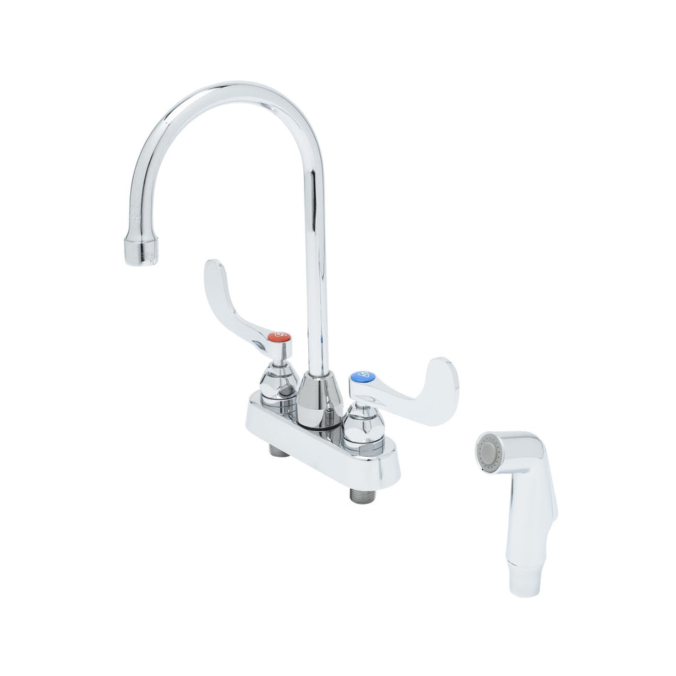 Workboard Faucet, Deck Mount, 4" Centers, Gooseneck, Diverter, Side Spray, Wrist Handles