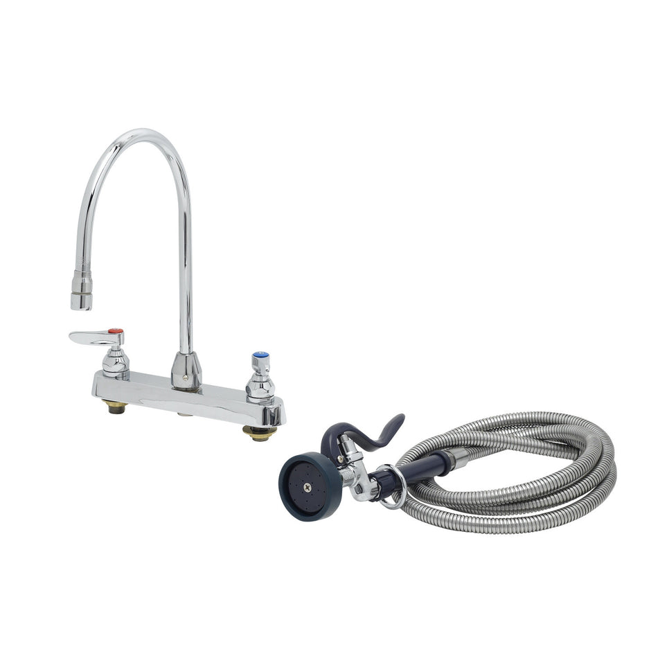 8" c/c Workboard Faucet, 135X Gooseneck, B-0199-02 Aerator, EB-0096-H Flex Hose, EB-0107 Spray Valve