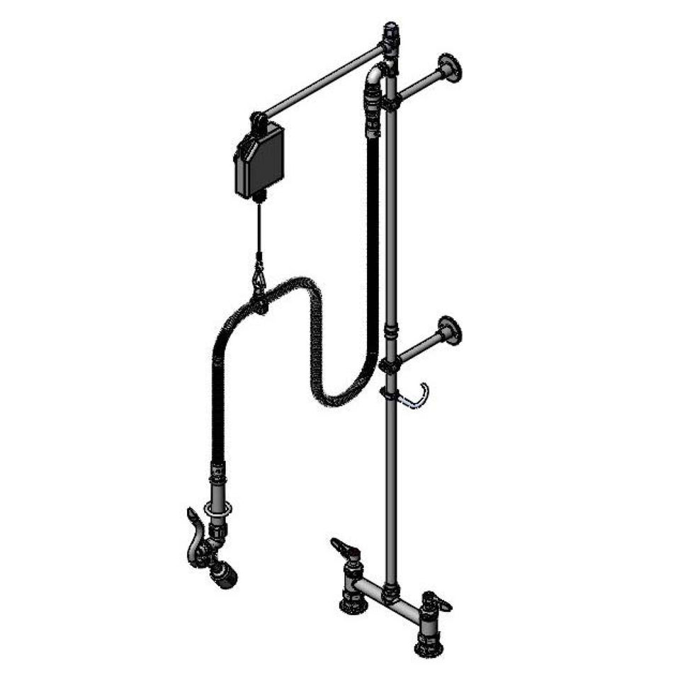 T&S Pre-Rinse: 8" Deck Mount Base, Ceramas, Swing Arm & Balancer, B-0107-C Spray Valve, 68" Flex Hose & Wall Supports