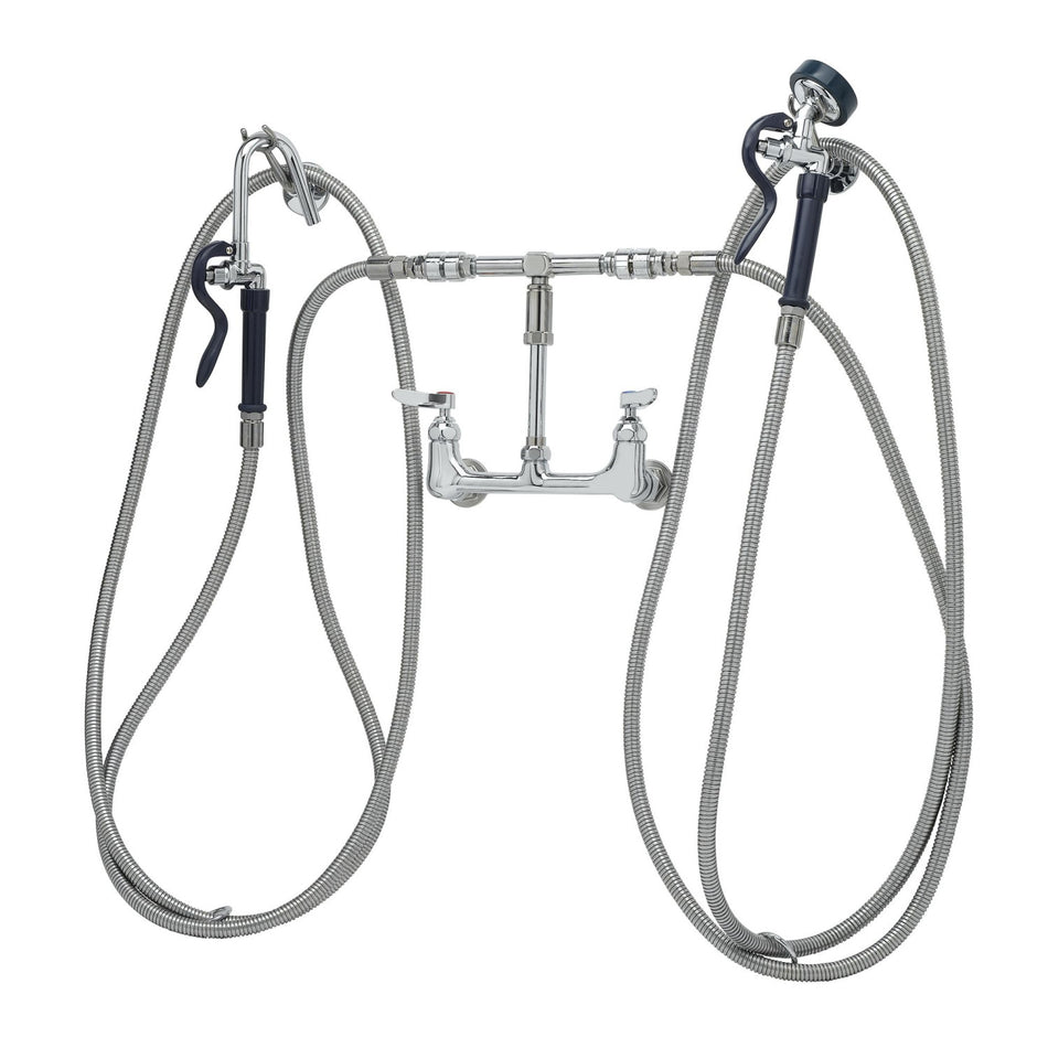 T&S B-2331 Wall Mount Pot Filler Faucet w/ (2) 144" Hoses, Hook Nozzle, & Spray Valve