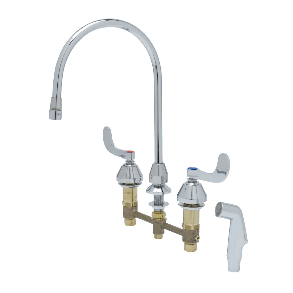 Medical Faucet w/Sidespray, 8" Centers, Swivel Gooseneck w/Aerator, 4" Wrist Action Handle