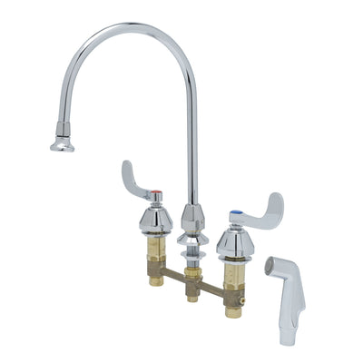 T&S Brass B-2347 Medical Faucet - 8 Inch Centers Rosespray Gooseneck Sidespray 4 Wrist Handles