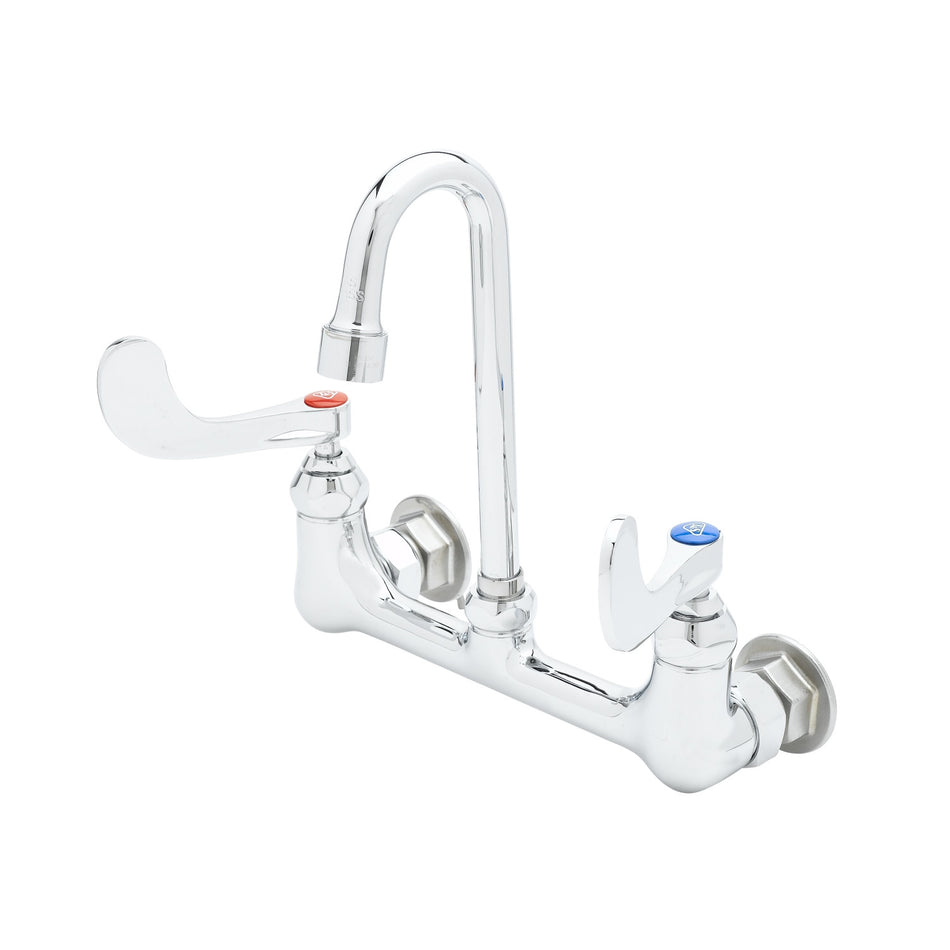 8" Wall Mount Faucet, 1.0 GPM Aerator, Eternas, S/R Gooseneck, 4" Wrist-Action Handles