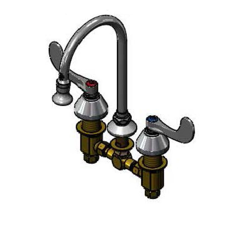Medical Faucet, Deck Mount, 6" Centers, Rigid/Swivel GN w/Rosespray, 4" Wrist Handles