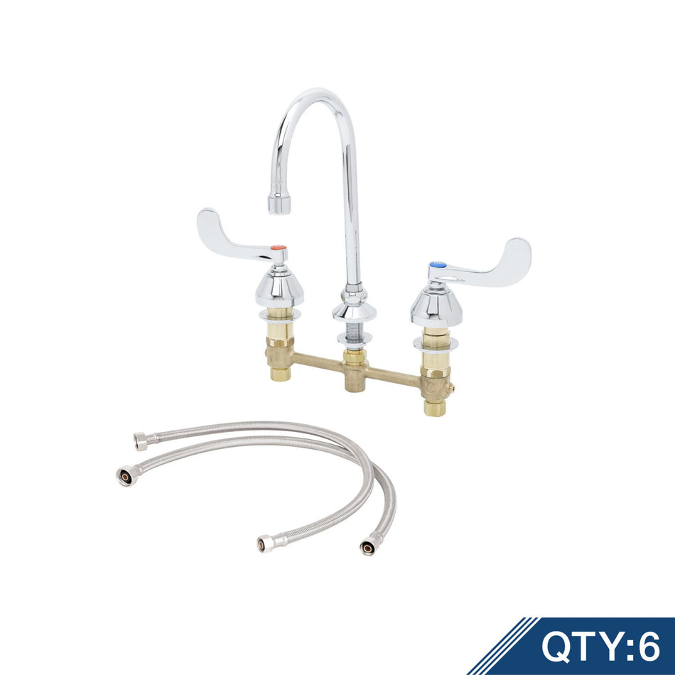 Master Pack (6) B-2866-05-KIT, Widespread Faucet, 8" Deck Mount, QT Eternas w/ Spring Checks, 4" Handles, Swivel Gooseneck, 2.2 GPM Aerator & 24" Flexible Supply Hoses