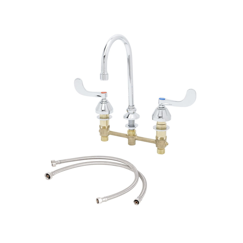 Widespread Faucet, 8" Deck Mount, QT Eternas w/ Spring Checks, 4" Handles, Swivel Gooseneck, 2.2 GPM Aerator & 24" Flexible Supply Hoses