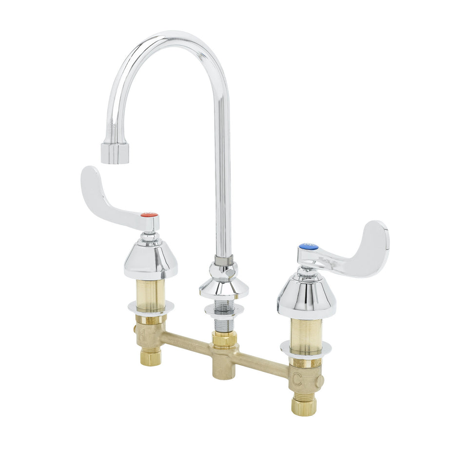 Medical Faucet, 8" Centers, 1/4-Turn Eternas, Swivel Gooseneck, 0.5 GPM VR Outlet, Gaskets 4" Wrist-Action Handles
