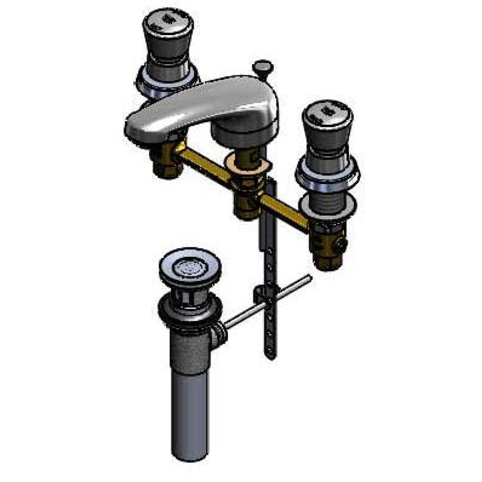 Lavatory Faucet, Push Button Self Closing Cartridges, 8" Center, Cast Spout, Pop-Up