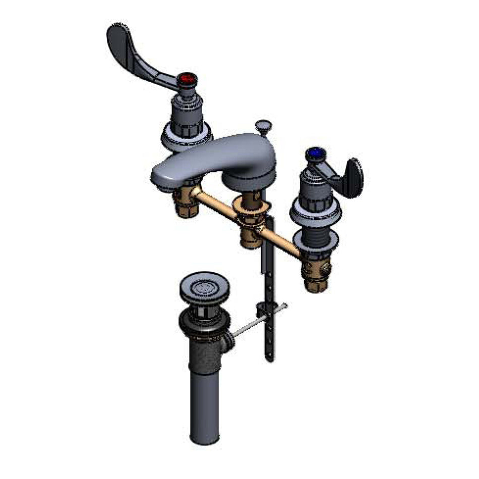8" c/c Widespread Faucet, 5" Cast Spout, Slow-Close Cartridges, 4" Handles, Pop-Up Drain