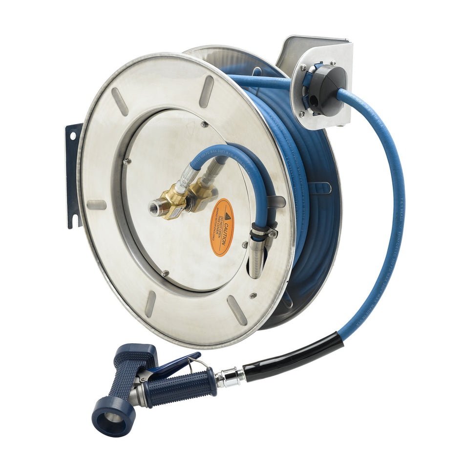T&S Brass B-7142-02 Open SS Hose Reel - 50' Hose w/ Rear Trigger Water Gun