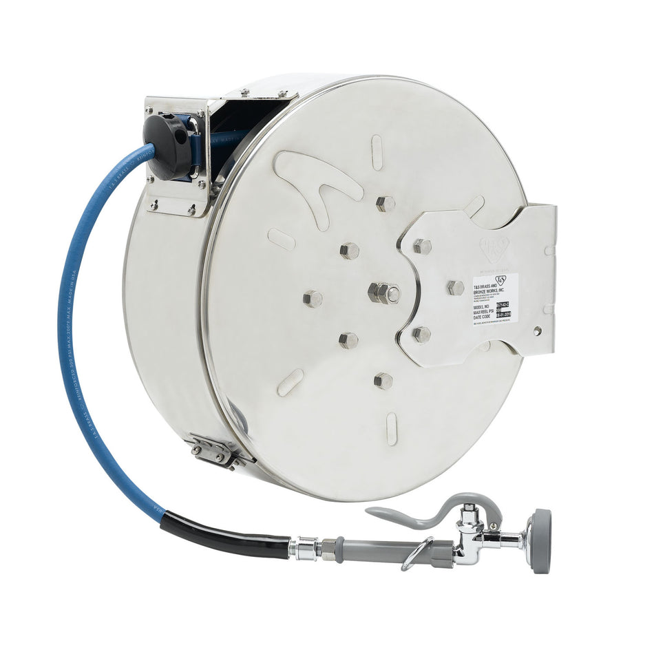 T&S Brass B-7142-C01M Enclosed SS Hose Reel - 50' Hose w/ EB-0107 Valve