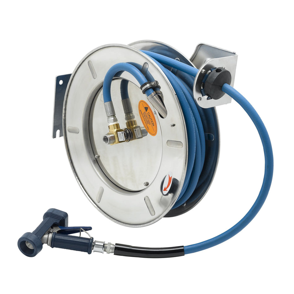 T&S Brass B-7143-03 Open SS Hose Reel - 1/2" x 50' w/ 7/16" Rear Trigger Gun
