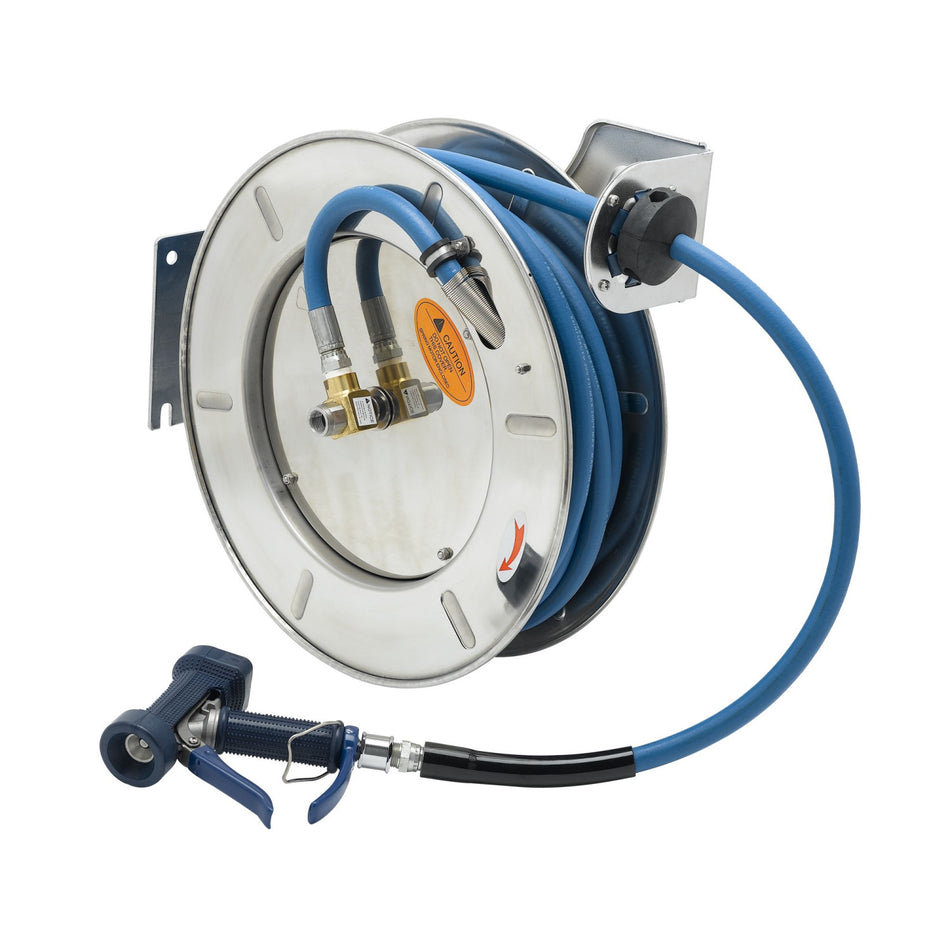T&S Brass B-7143-06 Open SS Hose Reel - 1/2" x 50' w/ 7/16" Front Trigger Gun