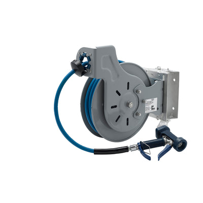 T&S Brass B-7242-05-ESB Open 50' Hose Reel with SS Swing Bracket - Front Trigger Gun
