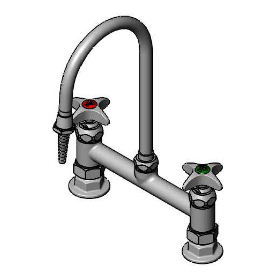 Lab Mixing Faucet, 8" Deck Mount, Swivel/Rigid Gooseneck, Serrated Tip, 4-Arm Handles