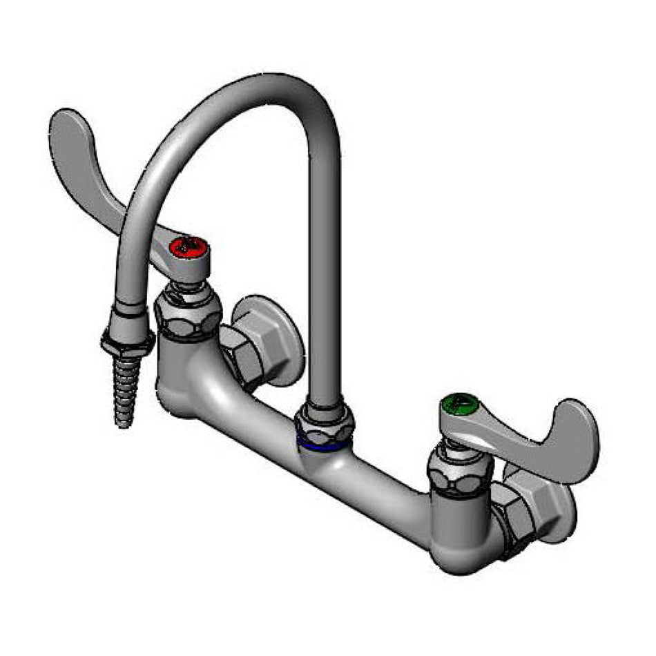 Lab Mixing Faucet, 8" Wall Mount,Swivel/Rigid Gooseneck, Serrated Tip, 4" Wrist Handles