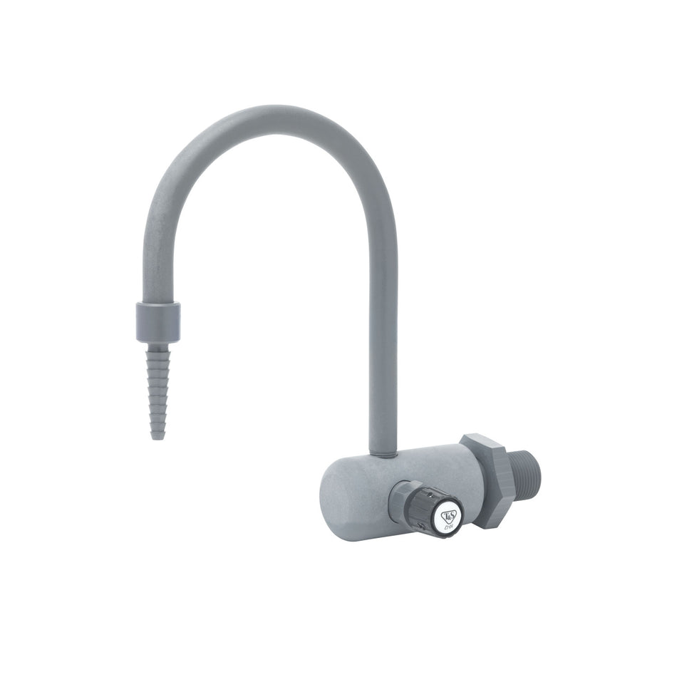 Lab Faucet, Wall Mount, Gray PVC, Rigid Gooseneck, Serrated Tip, 3/8" NPT Female Inlet (Pure Water Applications)