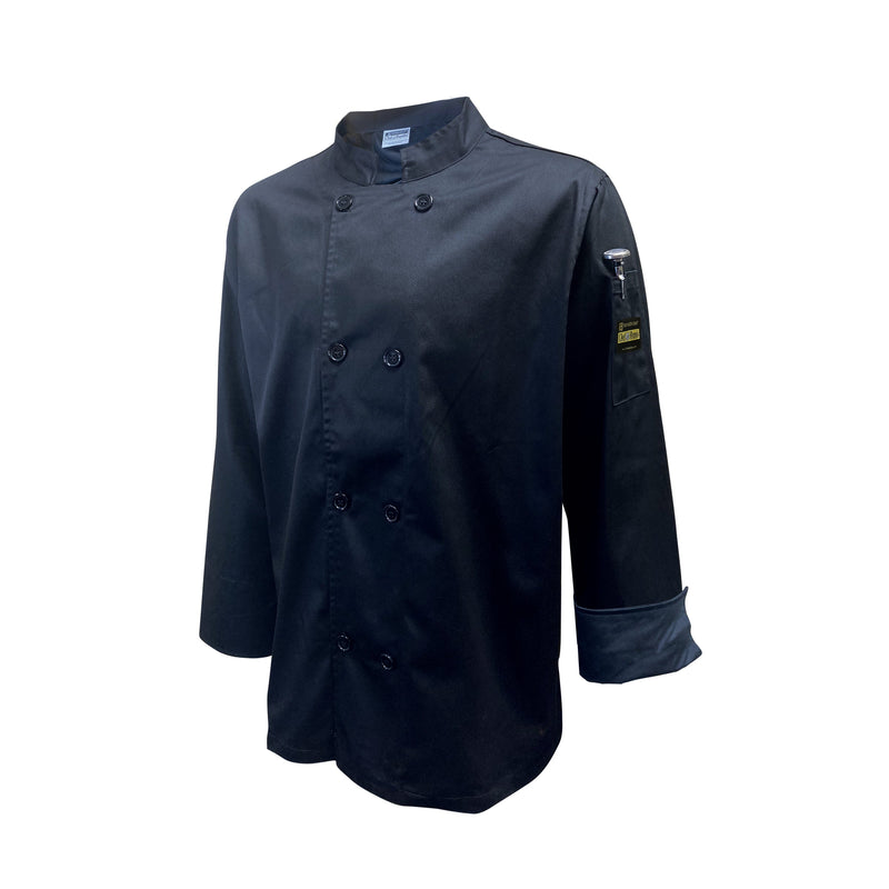 Thunder Group CJ304BKS Jacket Chef Regalia Small French Cuffs Tapered Black Poly Cotton