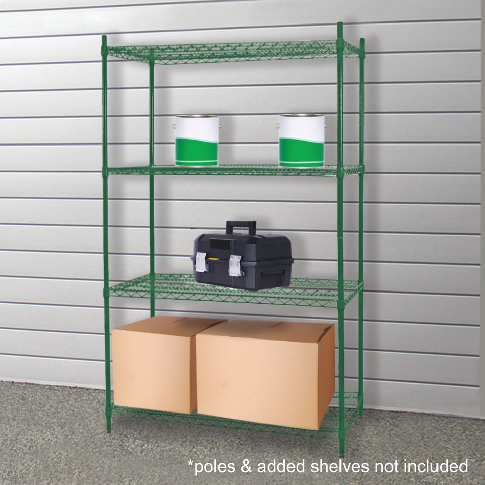 24" x 42" Shelf with 4 Set of Sleeve Clips, Green Epoxy Coated Iron Wire, 5 Years Limited Warranty, Under 48" shelf's weight capacity is up to 850 lbs. on leveling feet, when shelf is on caster, maximum weight capacity is 150 lbs., Heavy-Duty, NSF