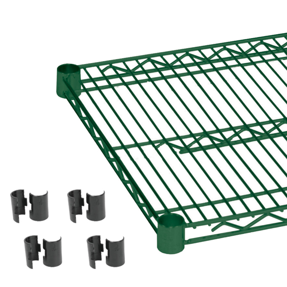 24" x 72" Shelf with 4 Set of Sleeve Clips, Green Epoxy Coated Iron Wire, 5 Years Limited Warranty, Over 48" shelf's weight capacity is up to 600 lbs. on leveling feet, when shelf is on caster, maximum weight capacity is 150 lbs., Heavy-Duty, NSF