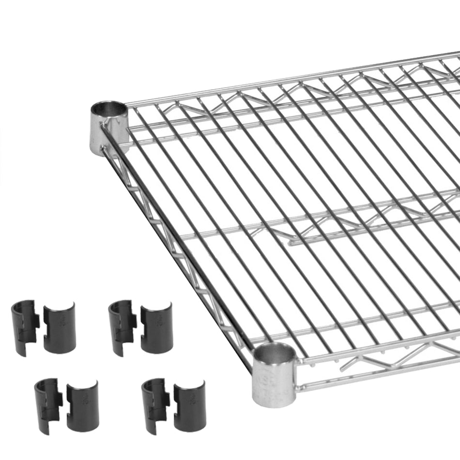 14" x 24" Shelf with 4 Set of Sleeve Clips, Chrome Plated Wire, 5 Years Limited Warranty, Under 48" shelf's weight capacity is up to 850 lbs. on leveling feet, when shelf is on caster, maximum weight capacity is 150 lbs., Heavy-Duty, NSF