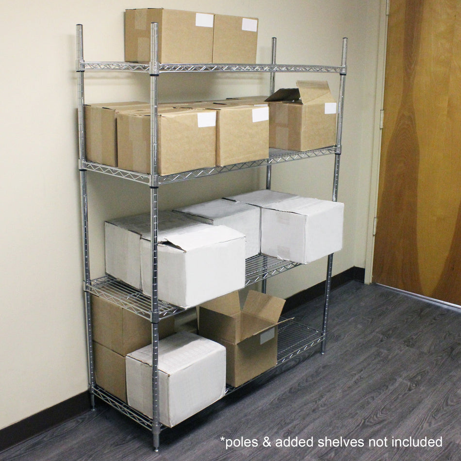 24" x 30" Shelf with 4 Set of Sleeve Clips, Chrome Plated Wire, 5 Years Limited Warranty, Under 48" shelf's weight capacity is up to 850 lbs. on leveling feet, when shelf is on caster, maximum weight capacity is 150 lbs., Heavy-Duty, NSF