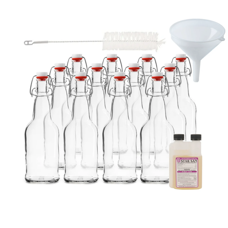 Kombucha Bottling Kit for Secondary Fermentation (includes 12 - 16oz Swing Top Bottles, Funnel, Bottle Brush, 4oz StarSan No Rinse Sanitizer)
