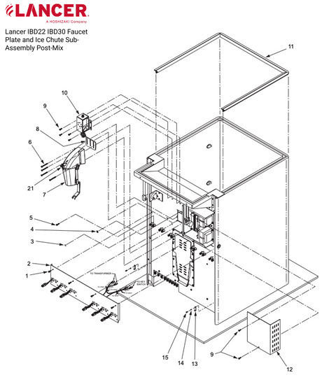 Lancer IBD22 IBD30 Faucet Plate and Ice Chute Sub-Assembly Post-Mix Parts Diagram