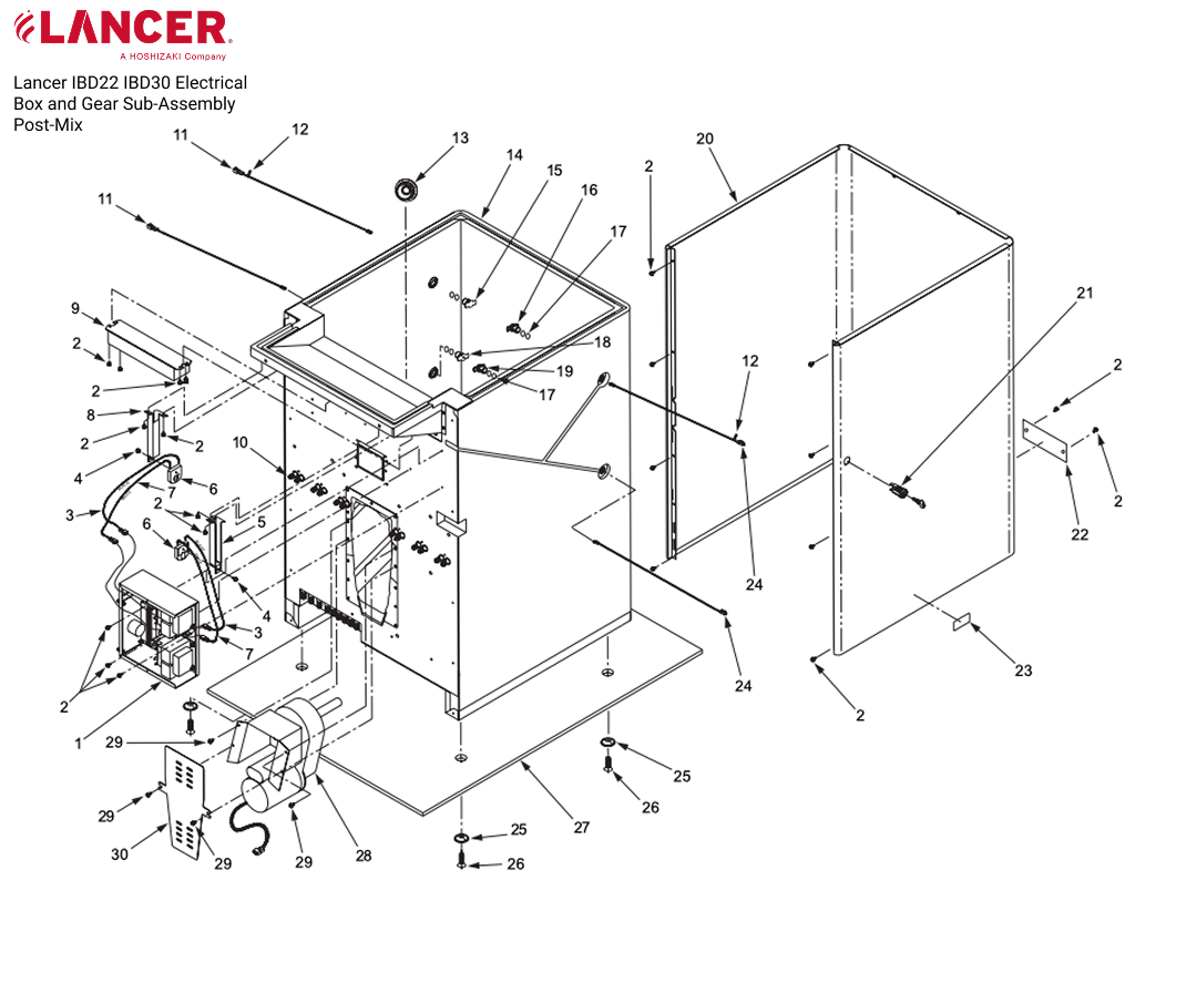 Lancer IBD22 IBD30 Electrical Box and Gear Sub-Assembly Post-Mix Parts Diagram schematic