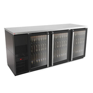 Micro Matic MBB78G-E 80 Inch Refrigerated Back Bar Cabinet 30.8 cu ft 3 Sections Black Exterior Stainless Steel with Hinged Glass Doors