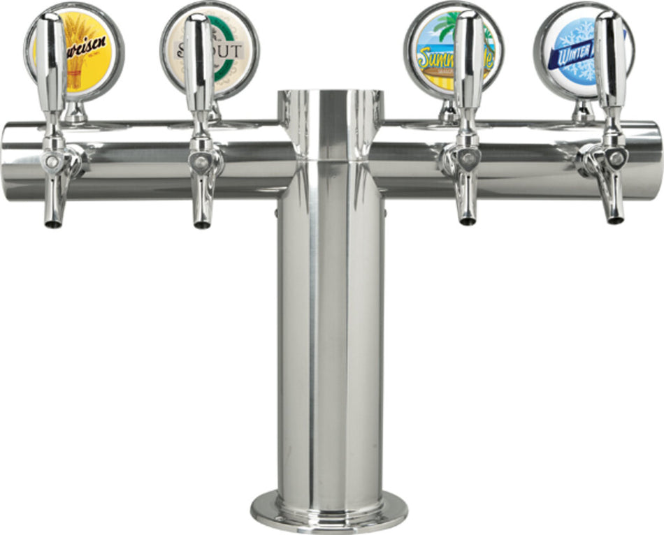 Micro Matic Metropolis "T" 4-Faucet Draft Beer Tower | Polished Stainless Steel, Glycol-Cooled, Medallions, Commercial Bar Tap System