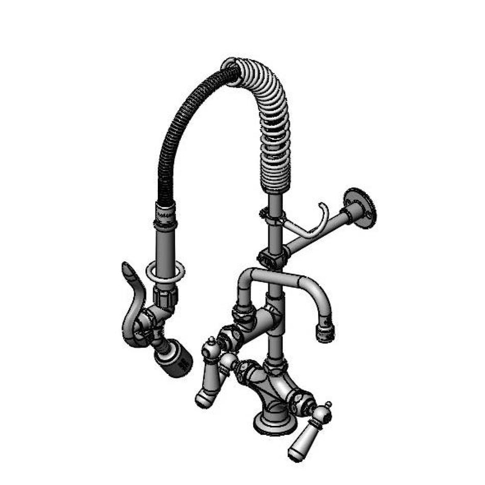 T&S Mini-Pre-Rinse unit: Single Hole/Dual Temp, 6" Swivel Nozzle Club Handles, Wall Bracket "MINI PRE-RINSE" B-0107-C35,