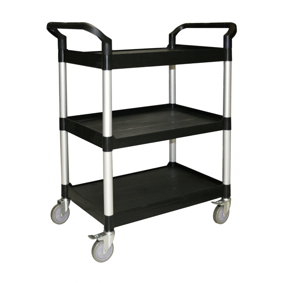 33-1/2" x 16-1/8" x 37", 3-Tier Bus Cart, comes with Two 4" Locking Casters and Two 4" Regular Casters, Black Color, Polypropylene Shelves and Handles with Aluminum Tubes and Polypropylene + Thermoplastic Rubber Wheels, Ships Knocked Down Package