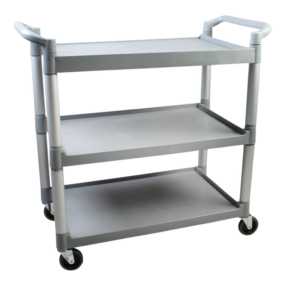33-1/2" x 16-1/8" x 37", 3-Tier Bus Cart, comes with Two 4" Locking Casters and Two 4" Regular Casters, Gray Color, Polypropylene Shelves and Handles with Aluminum Tubes and Polypropylene + Thermoplastic Rubber Wheels, Ships Knocked Down Package
