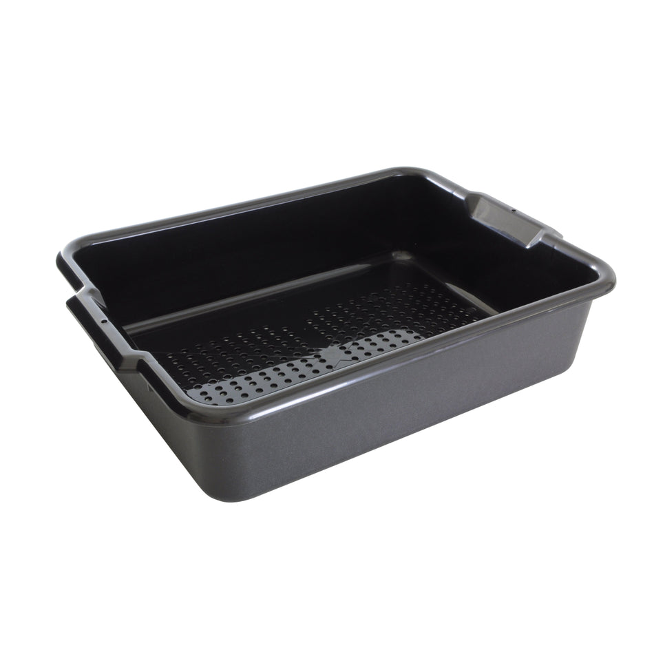 20-1/2" x 15-1/2" x 5â€³, Perforated Bus Box, Black Color, Polypropylene, No Dishwashing, No Microwave