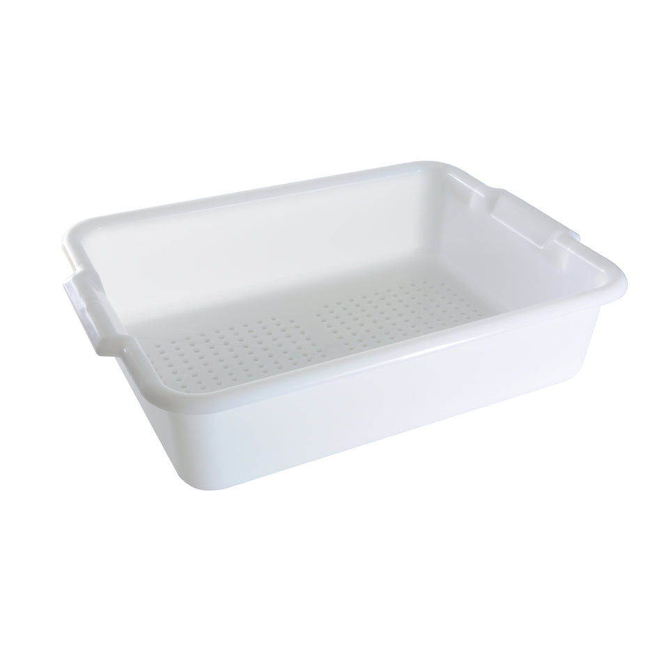 20-1/2" x 15-1/2" x 5â€³, Perforated Bus Box, White Color, Polypropylene, No Dishwashing, No Microwave